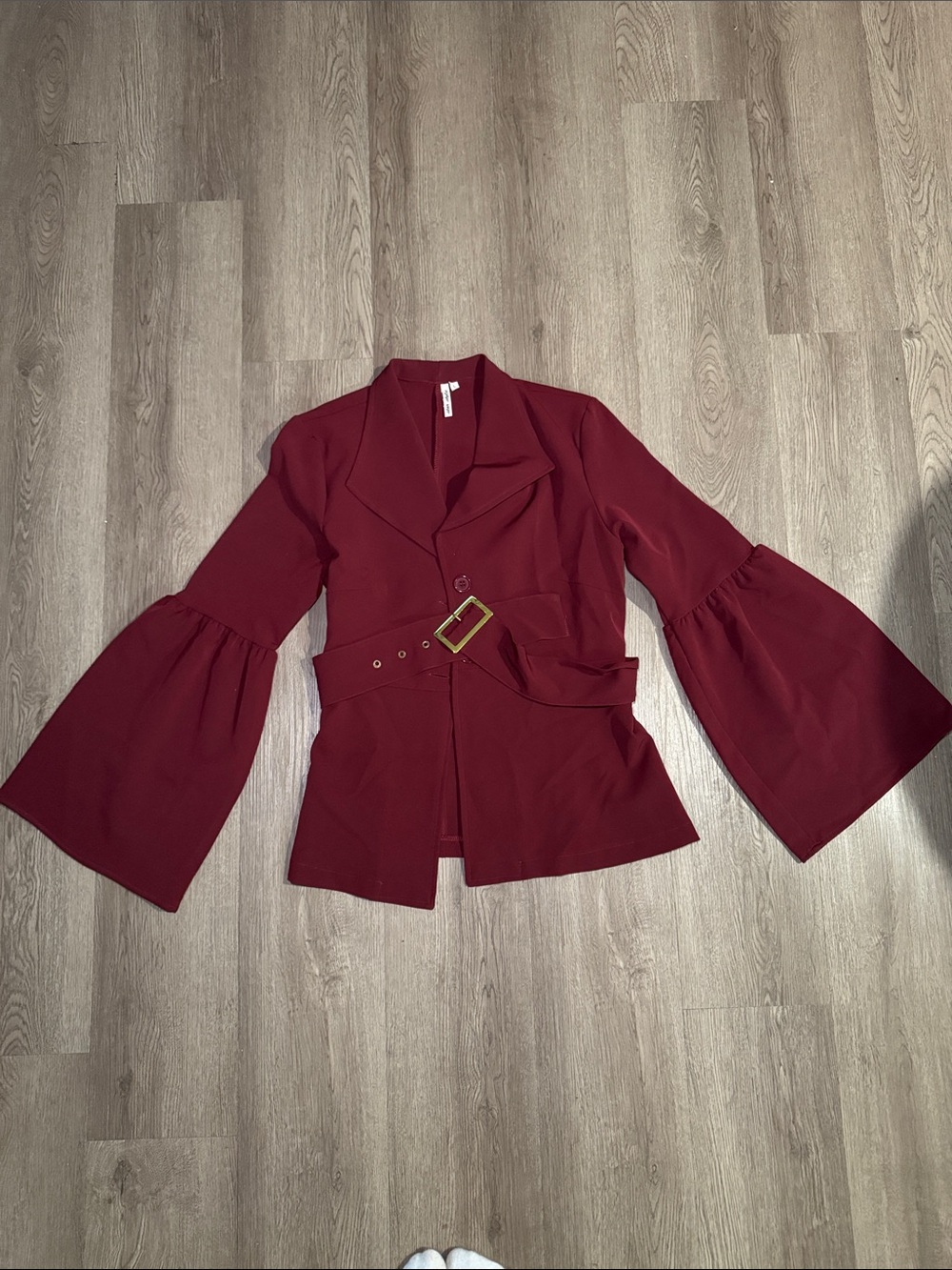 Bell-Sleeve Belted Blazer Jacket in Wine